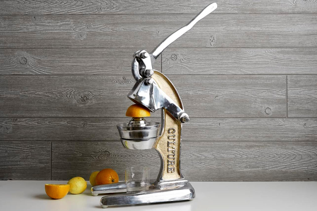 Artisan Cast Aluminum Professional Grade Manual Hand Press Juicer Perfect for Orange, Grapefruit, and Large Citrus Fruits Morning Drinks, Cocktails, or Cooking by Verve CULTURE - Gold - Large 14x9x17