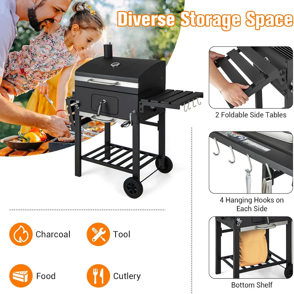 HAPPYGRILL Charcoal Grill, Heavy Duty Cooking Grill with 2 Foldable Side Tables, 8 Hooks, Storage Shelf, 2 Wheels, Flame Control, Outdoor BBQ Grill for Picnic Party Camping Backyard Patio