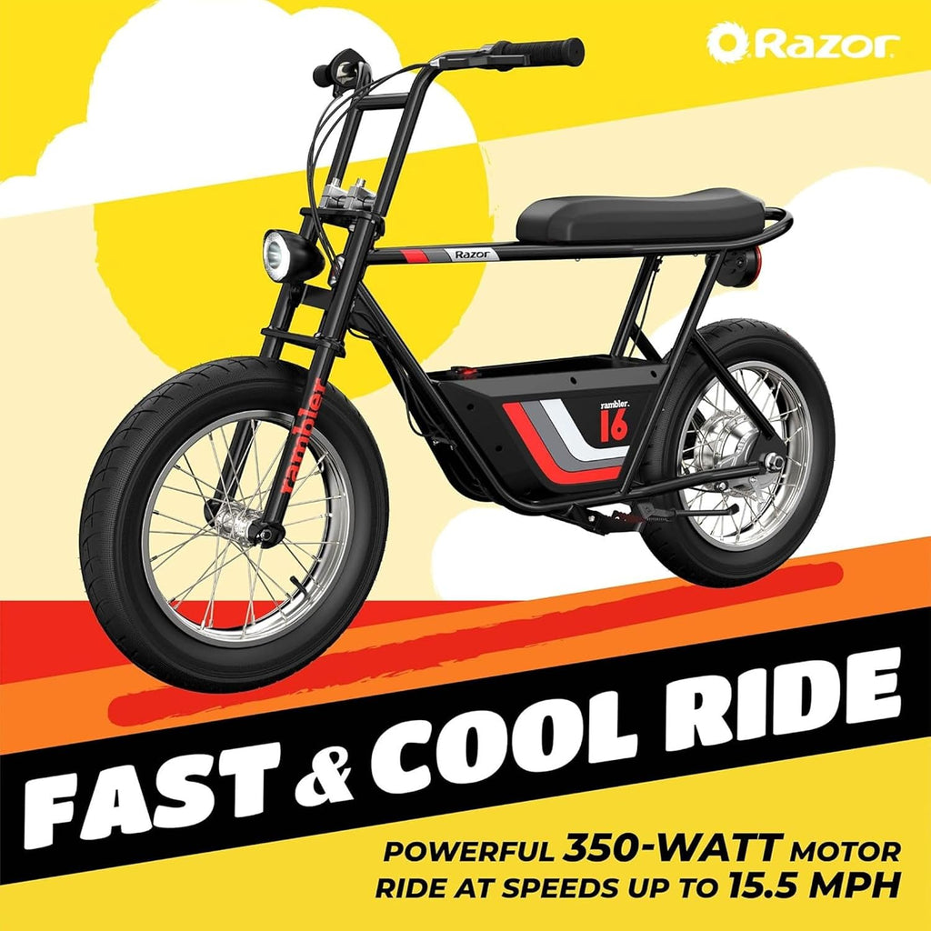 Razor Electric Bike for Ages 18+, 220 lb Max Weight, Black, w/ 350W Motor, 16' Tires & 36V Battery, Up to 15.5 MPH, Rambler 16 – Rechargeable Minibike for Teens and Adults