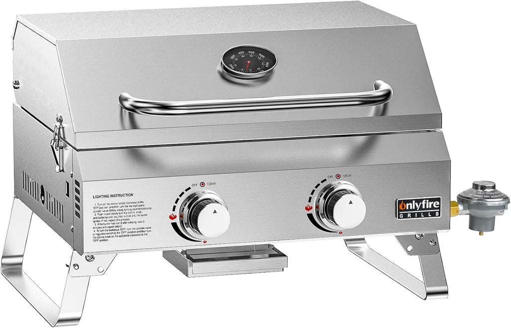 ONLYFIRE GRILLS Tabletop Gas Grill 2 Burners, 20' Portable Propane Grill with Foldable Legs for Outdoor Patio Backyard Camping Tailgating RV Trip Beach, Stainless Steel Gas Stove 16000BTU, GS322