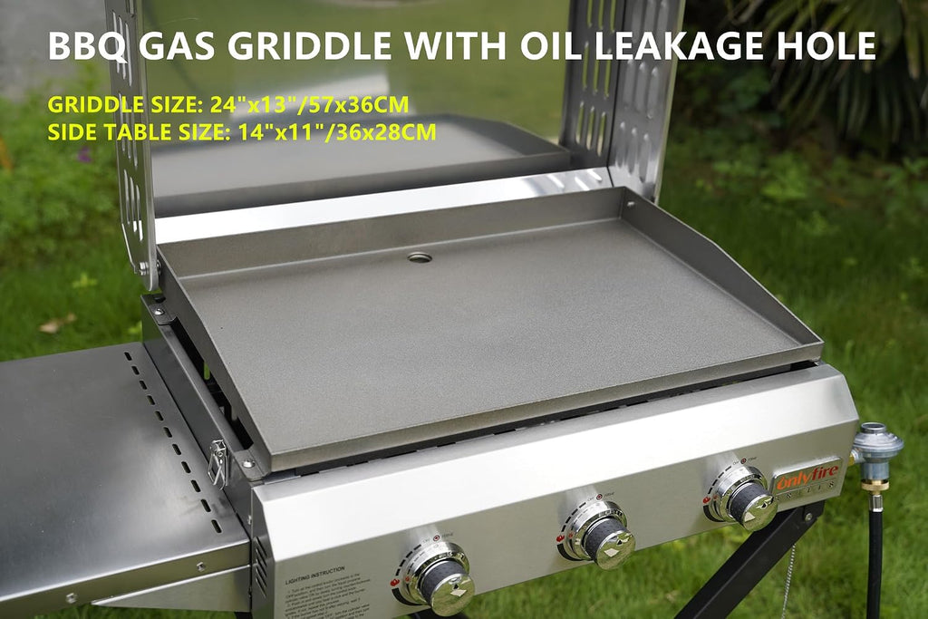 ONLYFIRE GRILLS Portable Propane Gas Griddle 3-Burner with Foldable Cart & Side Table, Flat Top Gas Grill Griddle Stove with Lid, for Outdoor Cooking Patio Backyard Camping RV Tailgating Beach, GS310