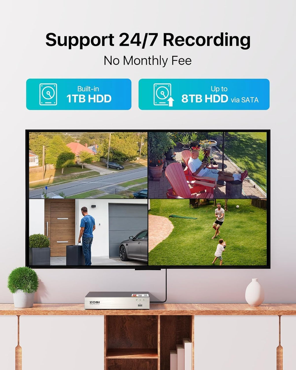 ZOSI 3K Lite Security Camera System with 1TB Hard Drive,AI Human/Vehicle Detection,Night Vision,H.265+ 8Channel HD TVI DVR Recorder,4pcs 1080P HD 1920TVL Indoor Outdoor Surveillance CCTV Dome Cameras