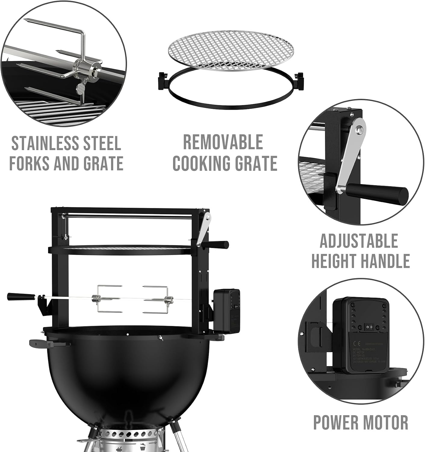 Skyflame Charkettle BBQ Grill Rotisserie System Kit with Adjustable Cooking Grate, Compatible with Weber 22-inch Kettle Grills
