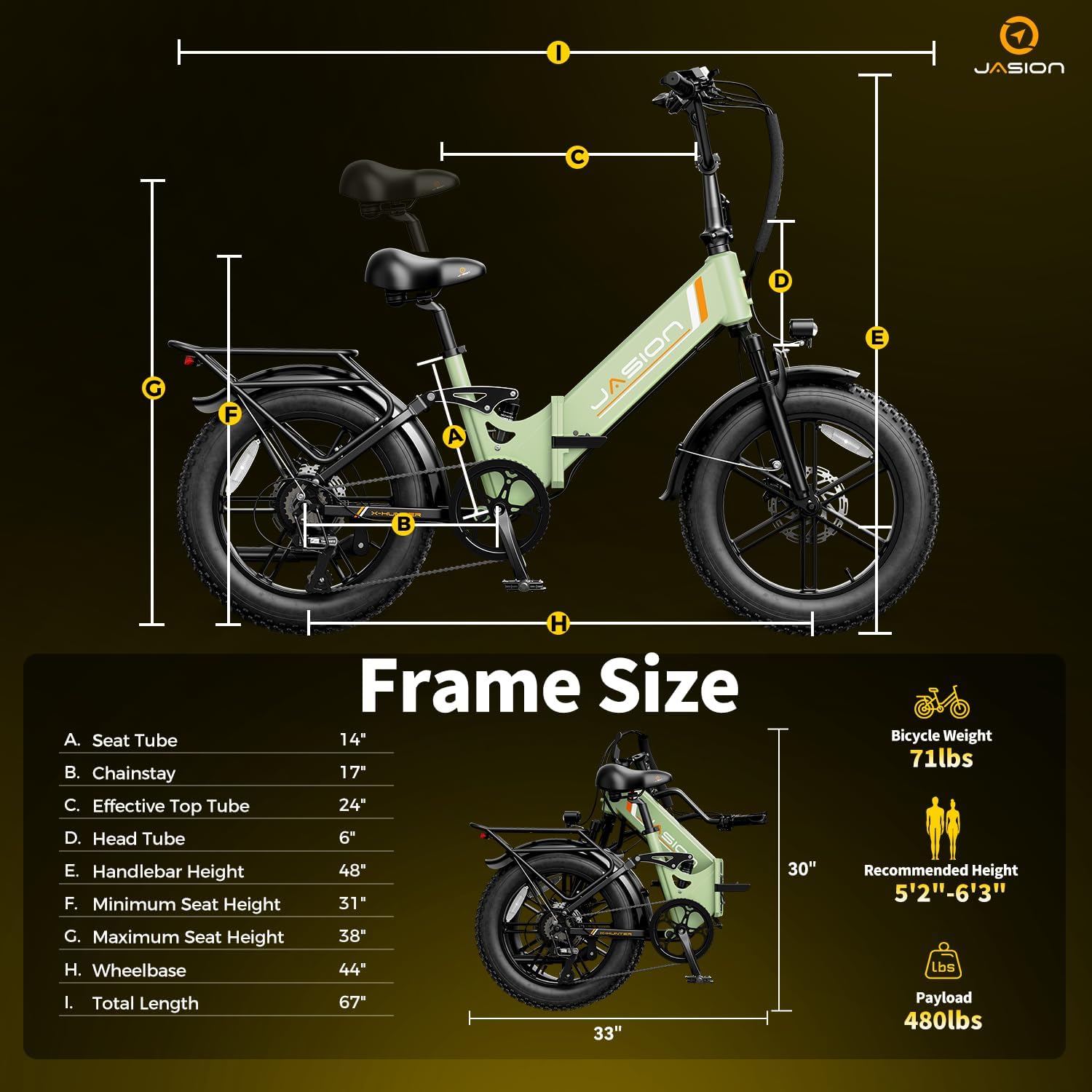 Jasion X-Hunter ST Foldable Electric Bike, 20' Fat Tire, 71Miles & 30+MPH Ebike, 1400W Peak Motor, 624WH Removable Battery, Full Suspension E-Bike for Adult, Step-Thru & Hydraulic Disc Brakes Bicycles