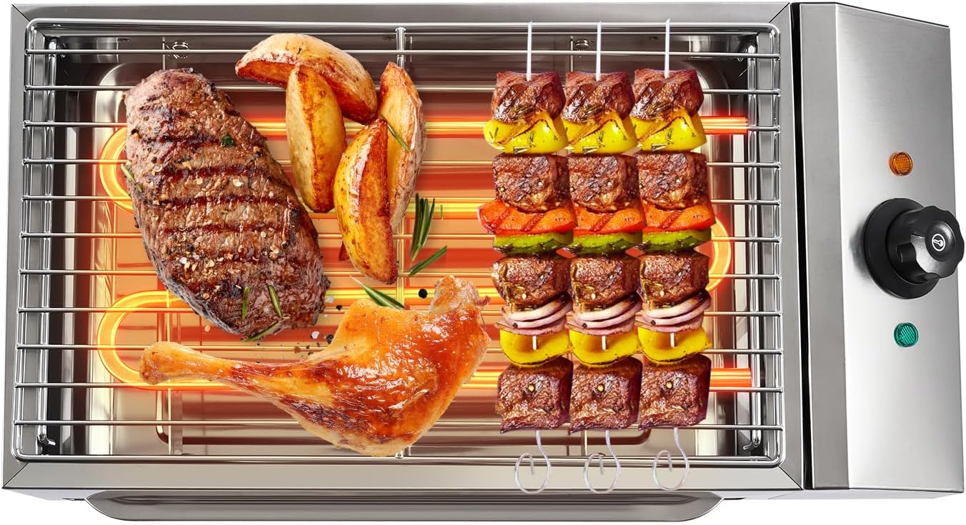 Indoor Barbecue Grill Smokeless Electric Indoor Grill, 110V 1800W Electric Commercial Yakitori Griddle, Portable Stainless Steel BBQ Grill w/Removable Grill Net, Temp Range 122~572°F