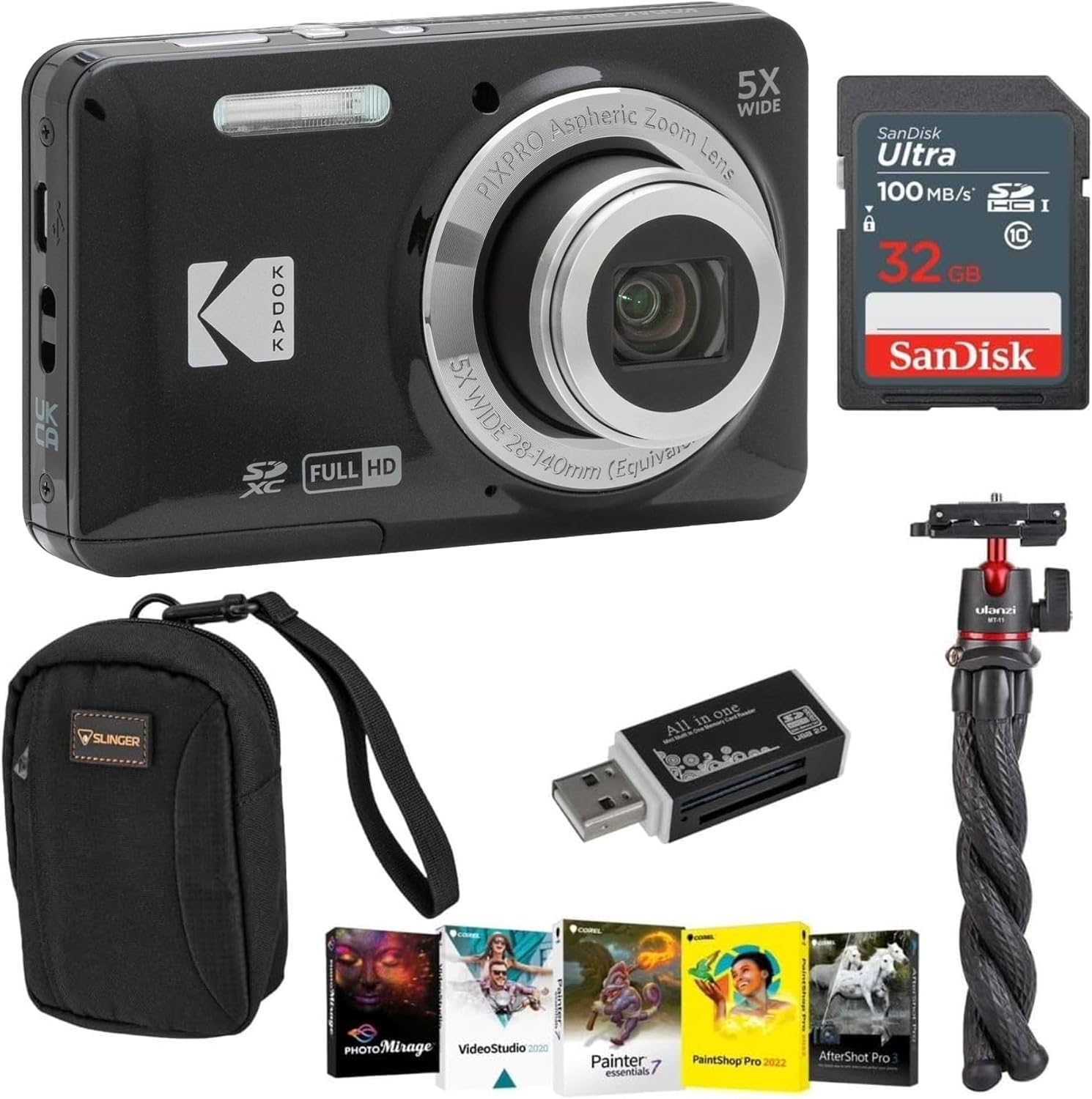 Kodak PIXPRO FZ55 Friendly Zoom Digital Camera, Bundle with 32GB Memory Card, Camera Bag, Tripod, Photo Editing Software, Card Reader (Black)