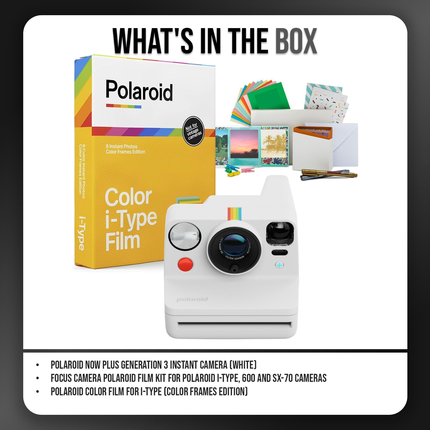 Polaroid Now Plus Generation 3 Instant Camera with Two-Lens Autofocus System and Manual Mode (White) Bundle with Polaroid Film Kit and Color Film for I-Type (Color Frames Edition) (3 Items)