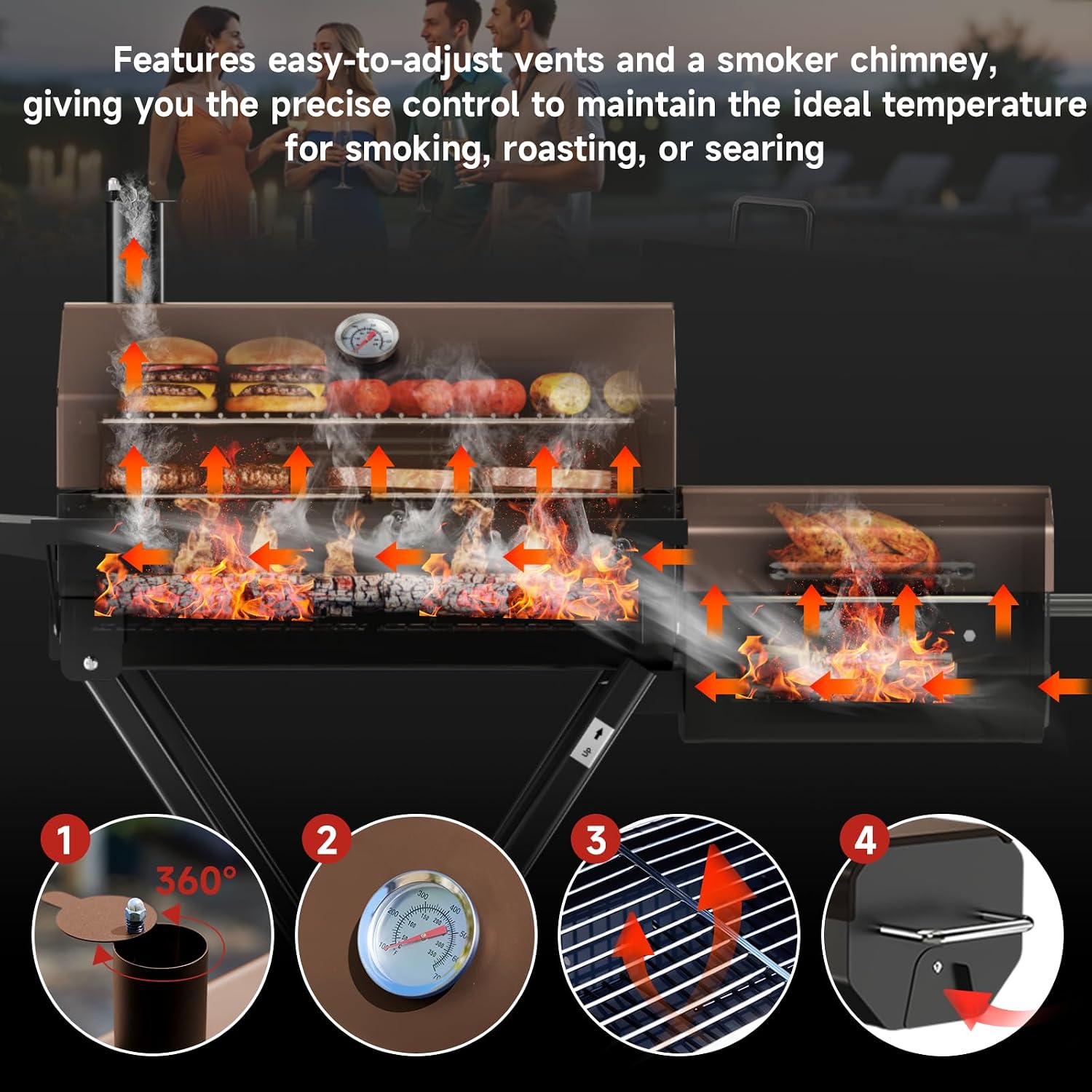Portable Charcoal Grill with Smoking Function, Foldable Suitcase Design with Wheels, Multi-Tier Storage Rack & Waterproof Cover for Outdoor BBQ Parties (Khaki)
