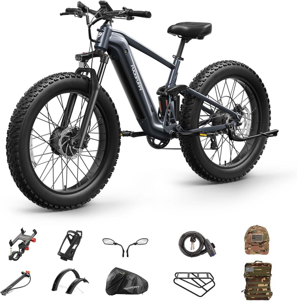 PUCKIPUPPY Dual Motor Electric Bike for Adults 1600W, 48V 20AH Battery with Torque Sensor, Full Suspension, 26' Fat Tire, 28MPH, 80 Mile Range, 8 Speed Mountain Electric Bicycle Golden Retriever Pro