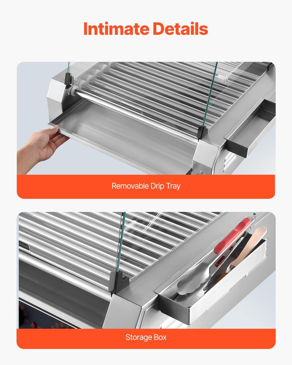 VEVOR Hot Dog Roller, 30 Hot Dog 11 Rollers, Stainless Steel Sausage Grill Cooker, 1600W Commercial Hot Dog Machine with Dual Temp Control, Cover, Side Storage Box, Removable Shelf & Oil Drip Tray