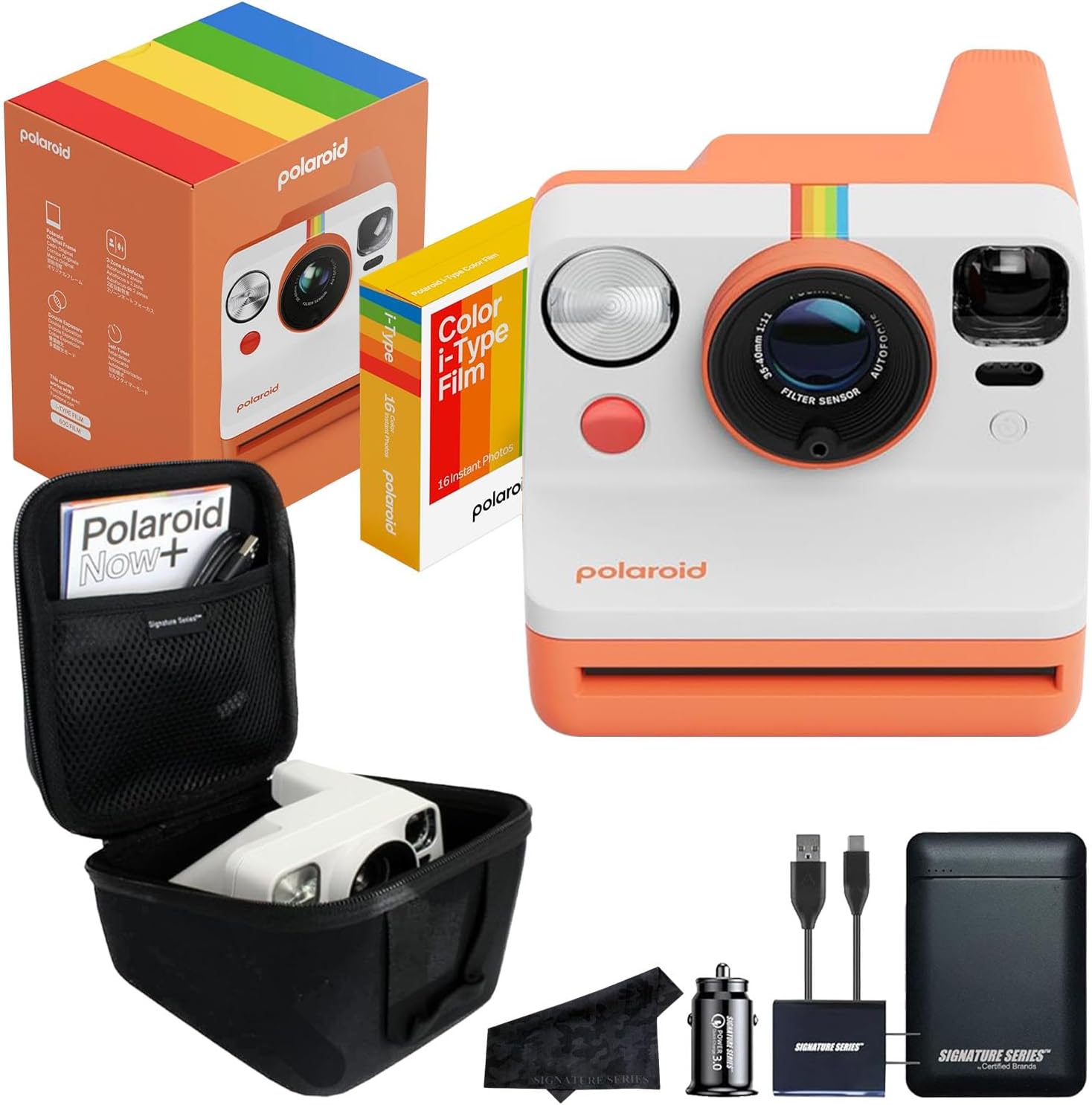 Polaroid Now 3rd Generation i-Type Instant Film Camera with 16 Color Film Photos, Coral, with Signature Series Power Bundle