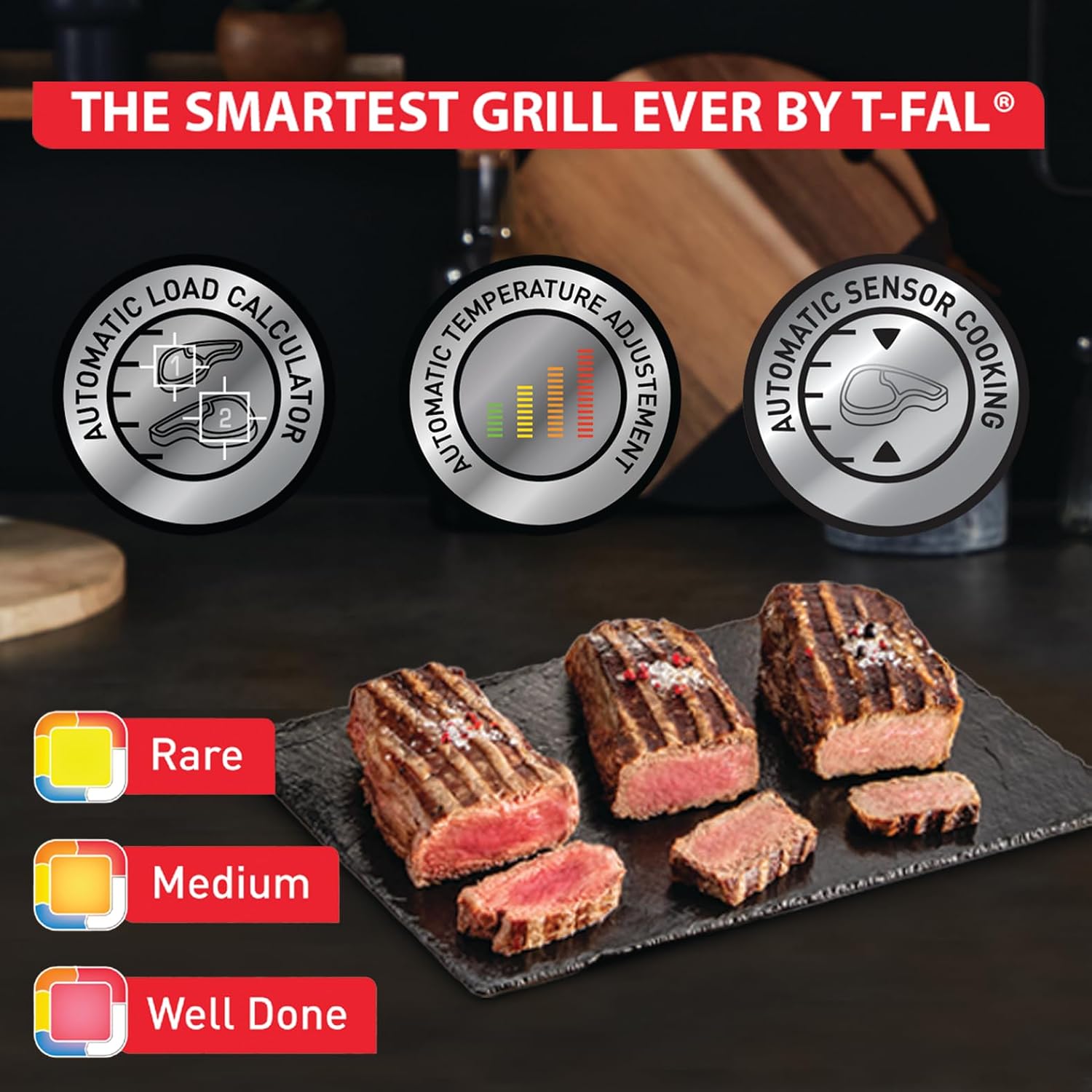 T-Fal OptiGrill Stainless Steel Electric Grill, 4 Servings, 6 Automatic Cooking Modes, Intelligent Grilling, Rare to Well-Done, Panini Press, Nonstick Removable Plates, Indoor, Silver