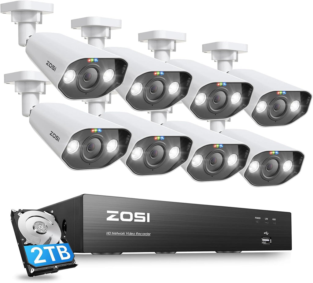 ZOSI 8CH 4K Spotlight PoE Security Camera System, 8pcs 8MP Outdoor Indoor Metal Cameras, Person/Vehicle Detection, 2 Way Audio, Color Night Vision, 8Channel NVR with 2TB HDD for Home 24/7 Recording