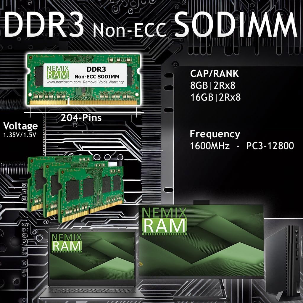 NEMIX RAM 16GB (1X16GB) DDR3 1600MHz PC3-12800 2Rx8 1.35V 204-PIN Non-ECC SODIMM Laptop PC Memory