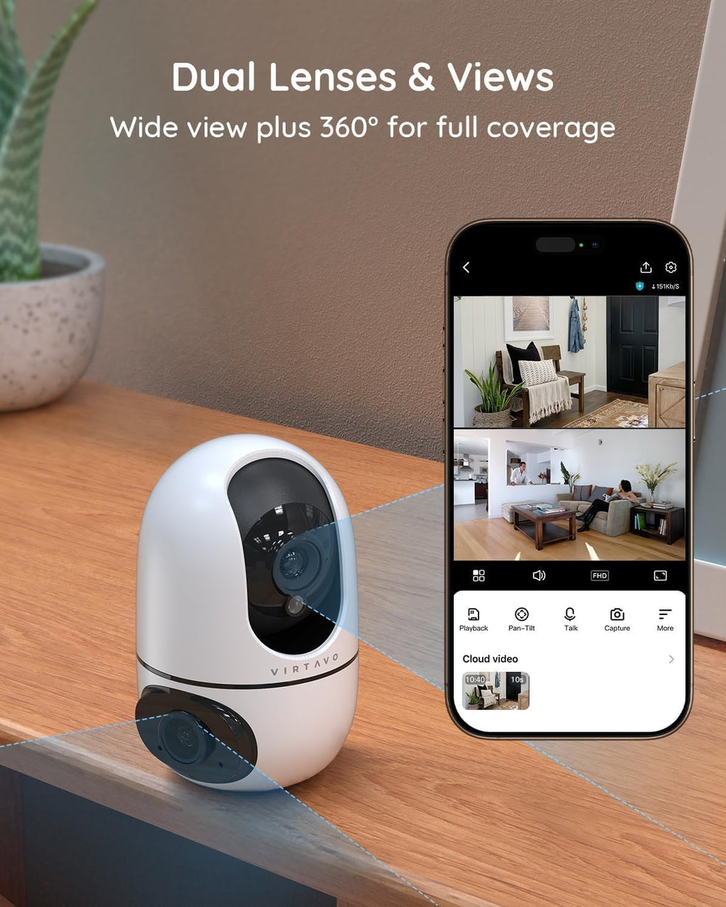 VIRTAVO Indoor Pet & Baby Camera, No Subscription Required, Dual-Lens 360° PTZ, Motion Tracking, 2-Way Audio, Night Vision, Cloud/SD Storage, Phone App, WiFi, 4-Pack, Power Adapter Included