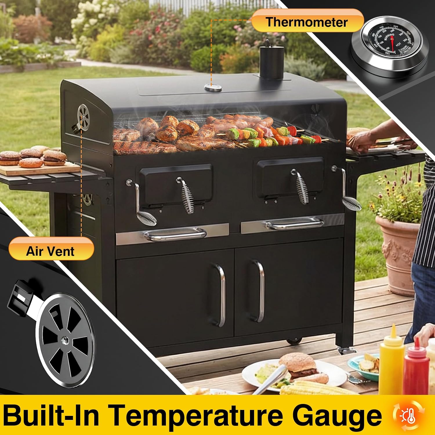 Bestfire 63' Oversized Charcoal BBQ Grill & Smoker, Large Outdoor Grill with 2 Individual Lifting Charcoal Trays, Cabinet-Style Charcoal Grills with Foldable Side Tables, 4 Wheels, Asadores de Carbon