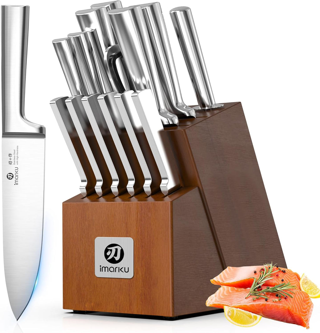 imarku 15-Piece Knife Block Set Built-in Sharpener, Japanese High Carbon Stainless Steel Kitchen Knife Set, Dishwasher Safe, Chef Knife Set with Wooden Knife Block, Steak Knives for Kitchen Cooking