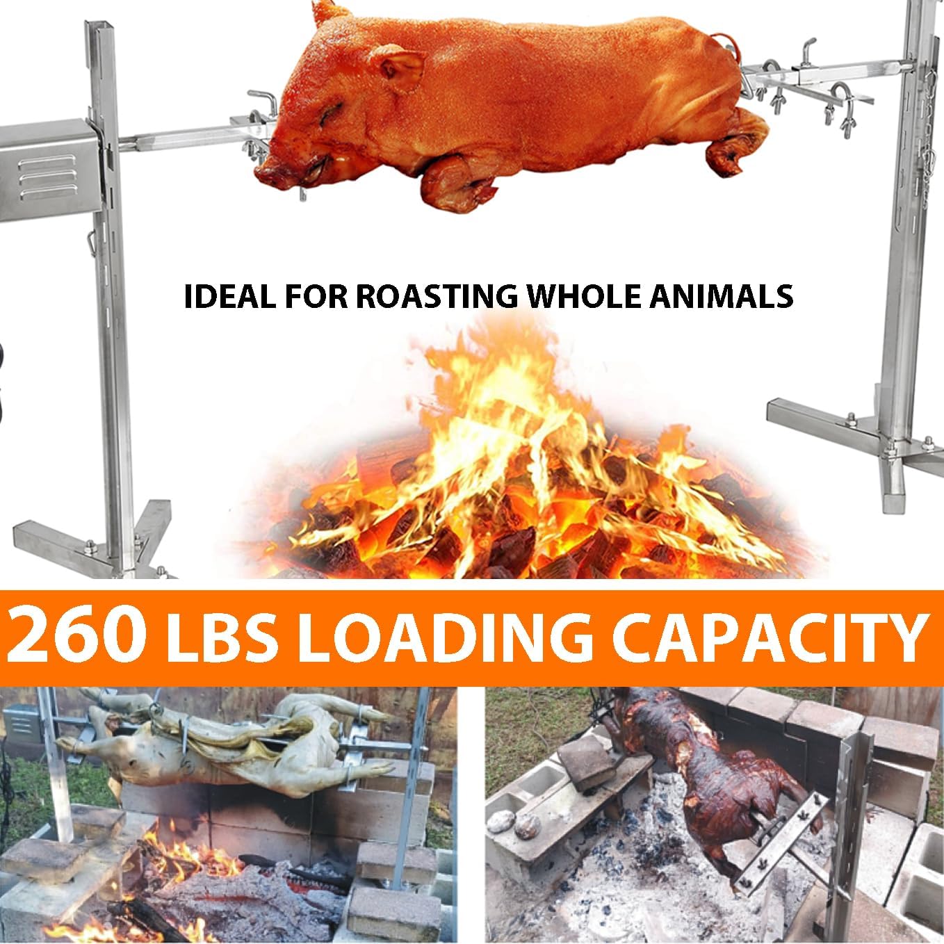 iMeshbean Electric BBQ Rotisserie Grill Kit, 260LB Pig Spit Rotisserie Grill, Stainless Steel Pig Rotisserie Kit with 45W Powerful Motor, 50' Spit Rod, Adjustable Height