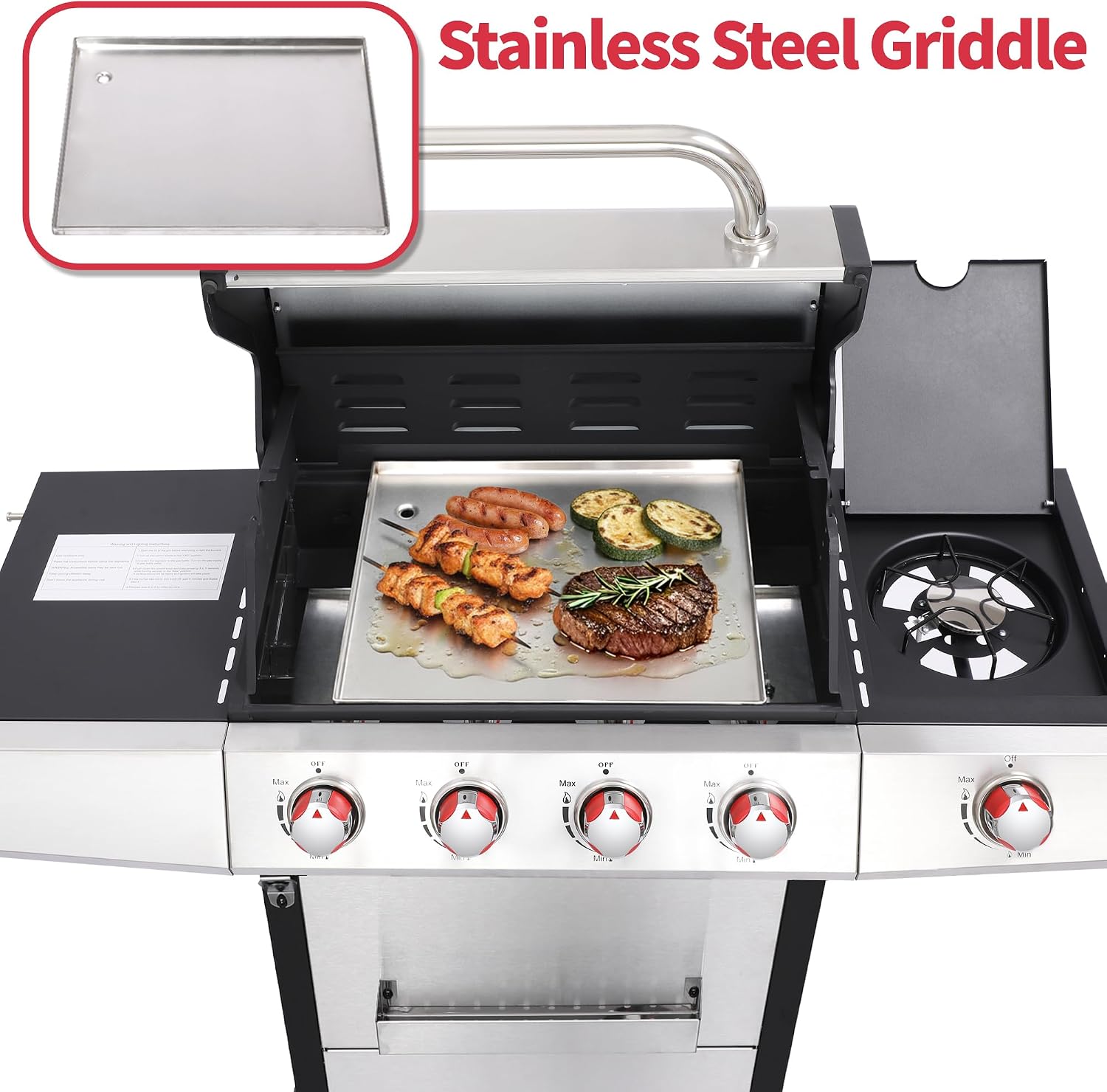 4-Burner Gas Grill with Side Burner, 49,000 BTU, Outdoor BBQ Grill with Cast Iron Grates, Griddle and Charcoal Pan, 3-in-1 Convertible Cooking, Easy-Clean System & Side Shelves