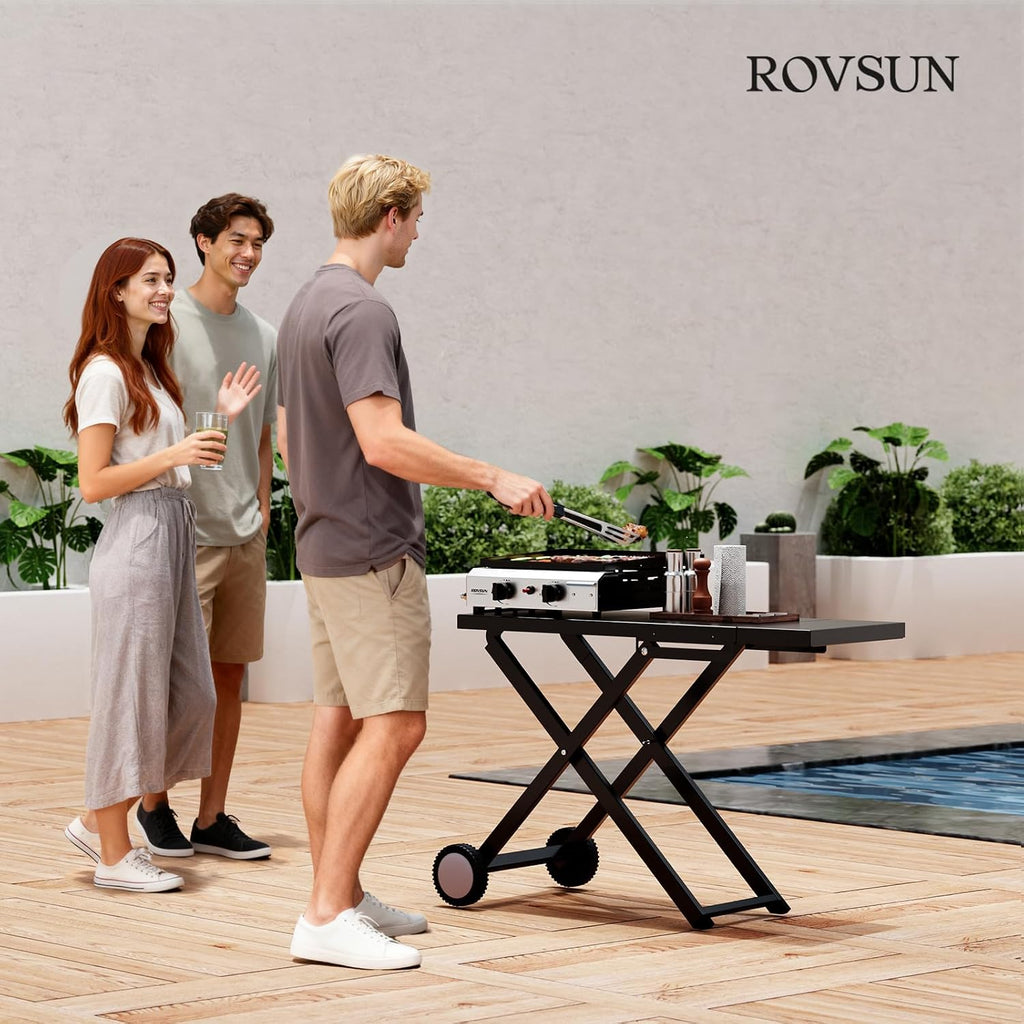 ROVSUN 20000 BTU Foldable Flat Top Gas Grill with Wheels & Enameled Tray, 2 Burner Portable Propane Griddle with Electronic Ignition & Regulator for Outdoor Cooking Camping BBQ Tailgating Picnicking