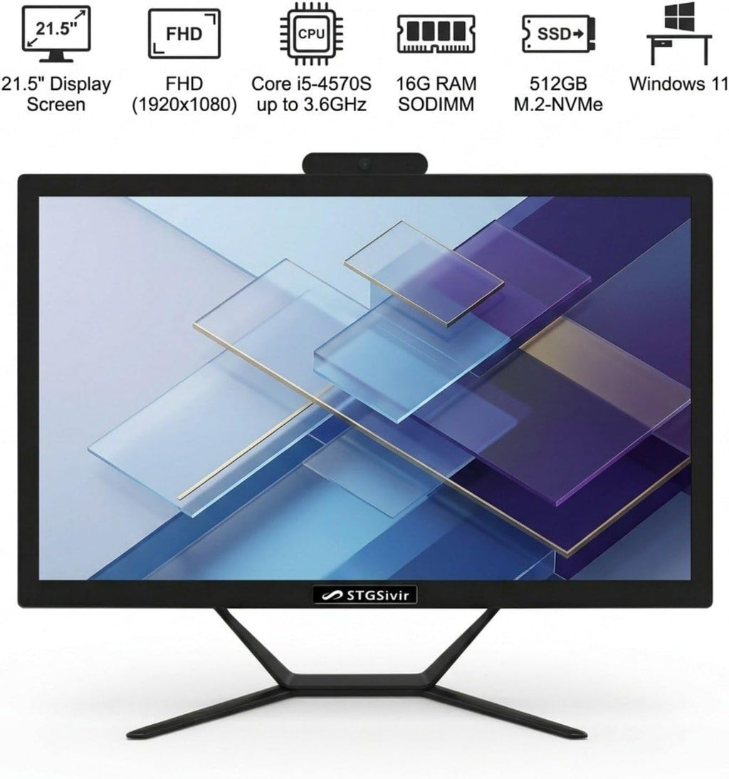 STGSivir All in One Desktop Computer, 21.5'' FHD Display, Intel Core i5 up to 3.6GHz, 16G Memory, 512G SSD, WiFi 5, Bluetooth, Webcam, Windows 11 Home