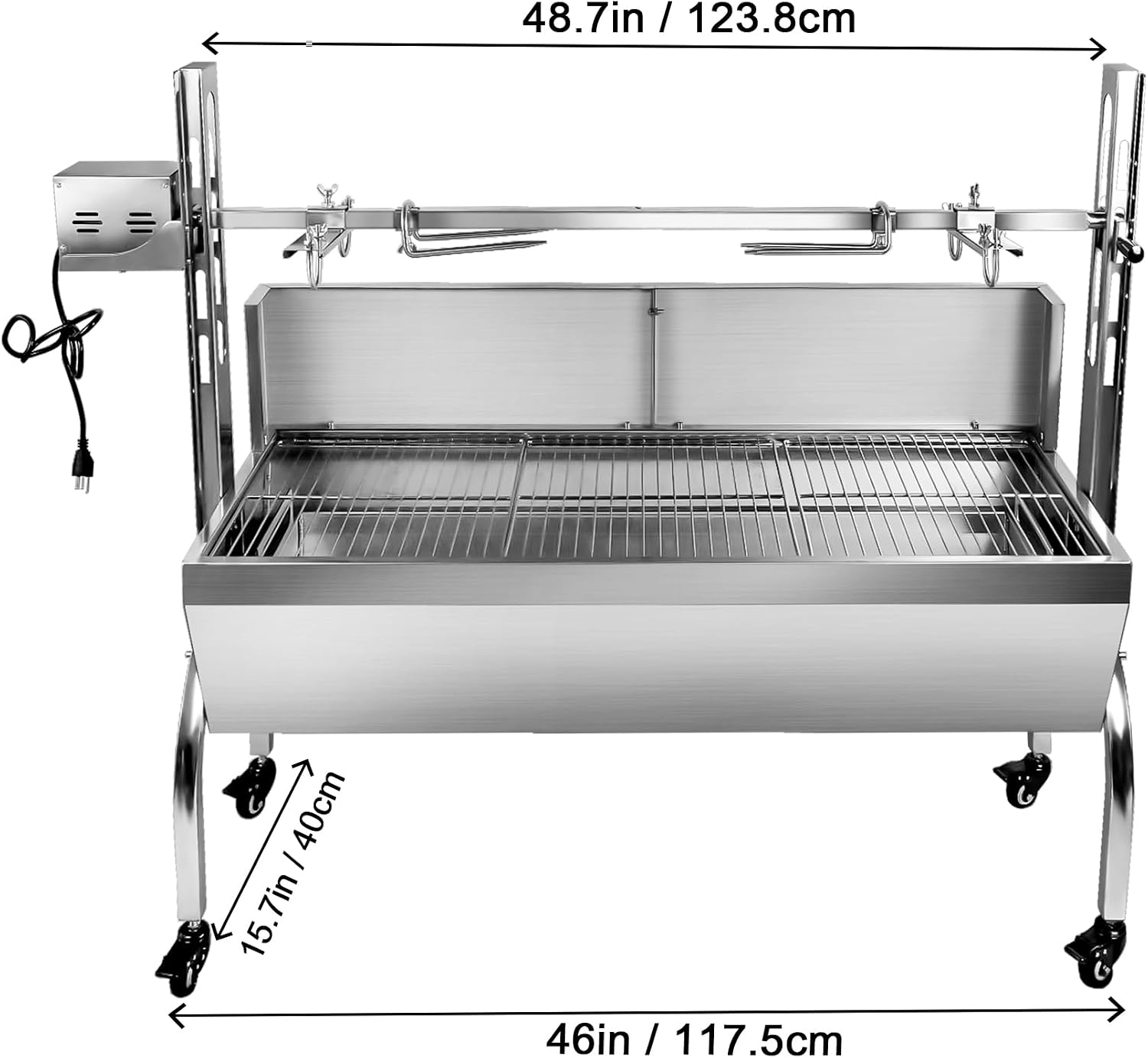 176 LBS Rotisserie Grill Stainless Steel Charcoal Spit Roaster, 48.6' Pig Lamb Hooded Roaster Charcoal Spit With 25W Motor & Adjustable Height Lockable Casters For Outdoor Party Barbecue