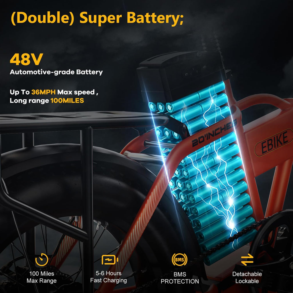 DriftGod Folding Electric Bike, 48V 20.8AH Large Removable Battery E Bike - 20'x3' Fat Tire - 80 Miles Max Range Ebike for Adults,Electric Bicycles for Commuter
