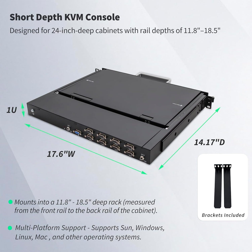 1U Rack Mount KVM Console, 1080P 15.6' LCD Monitor, 8 Port VGA KVM Switch with Keyboard Touchpad, OSD Control, 8 VGA USB KVM Cables, Dual Power Supply, All in One for Short Depth Network Cabinets