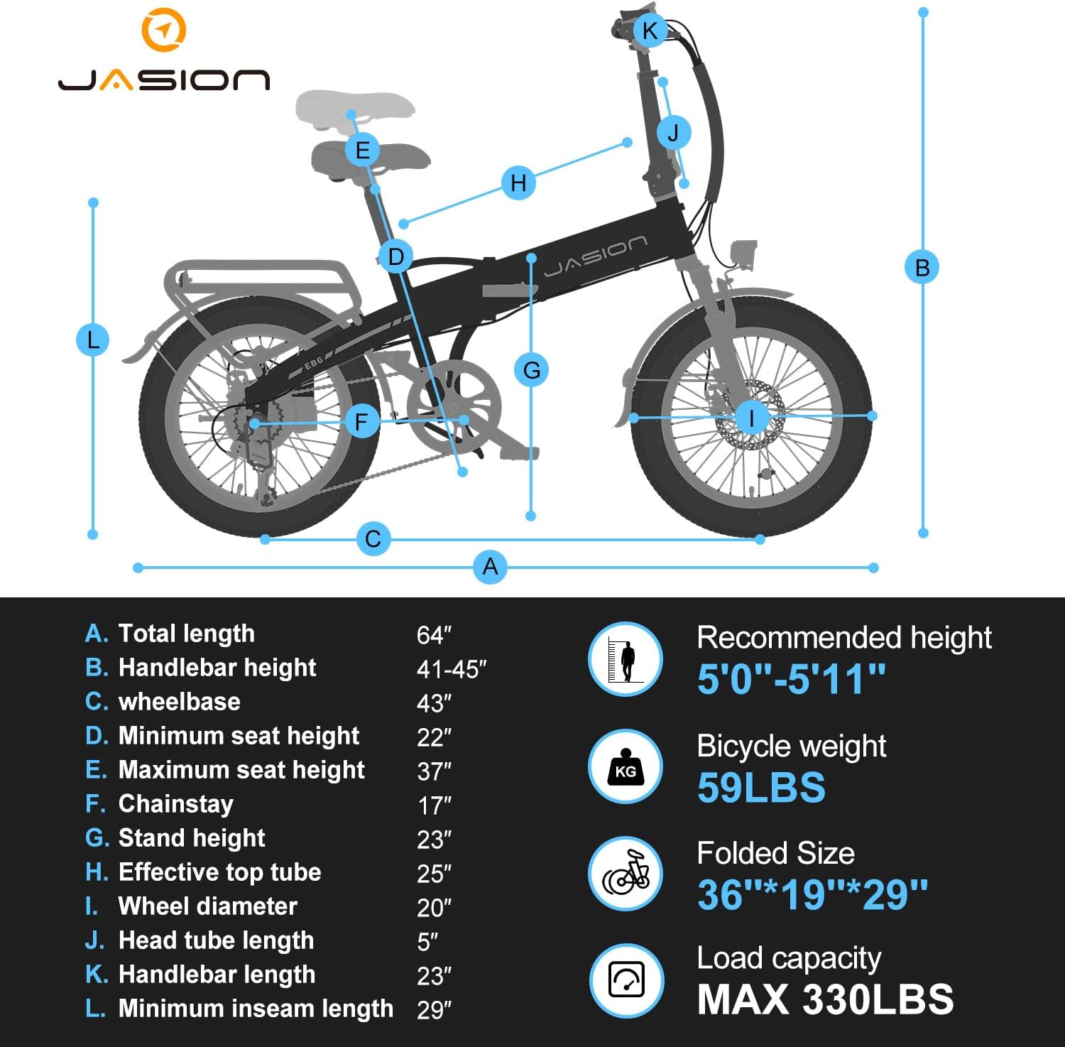 Jasion EB6 Foldable Electric Bike for Adults,【1200W Peak Motor, 25 MPH, 50 Miles Range】 20' Fat Tire Ebike with 48V Built-in Battery, Lightweight Aluminum Frame E Bike for Commuting, Off-Road, Travel
