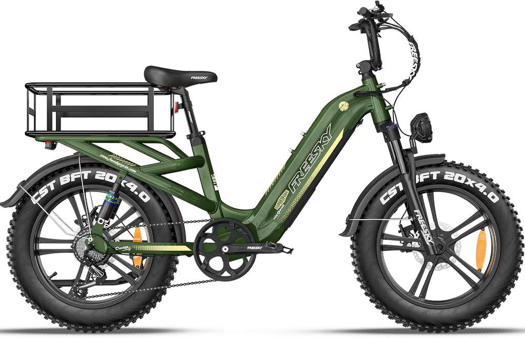 FREESKY 2026 Upgraded Rocky Pro Torque Sensor Electric Bike for Adults, 48V 25Ah Samsung Cells Battery, 105 Miles Range, 33MPH Fat Tire Step-Thru E Bike, 20' Full Suspension Cargo Bicycles, 8-Speeds