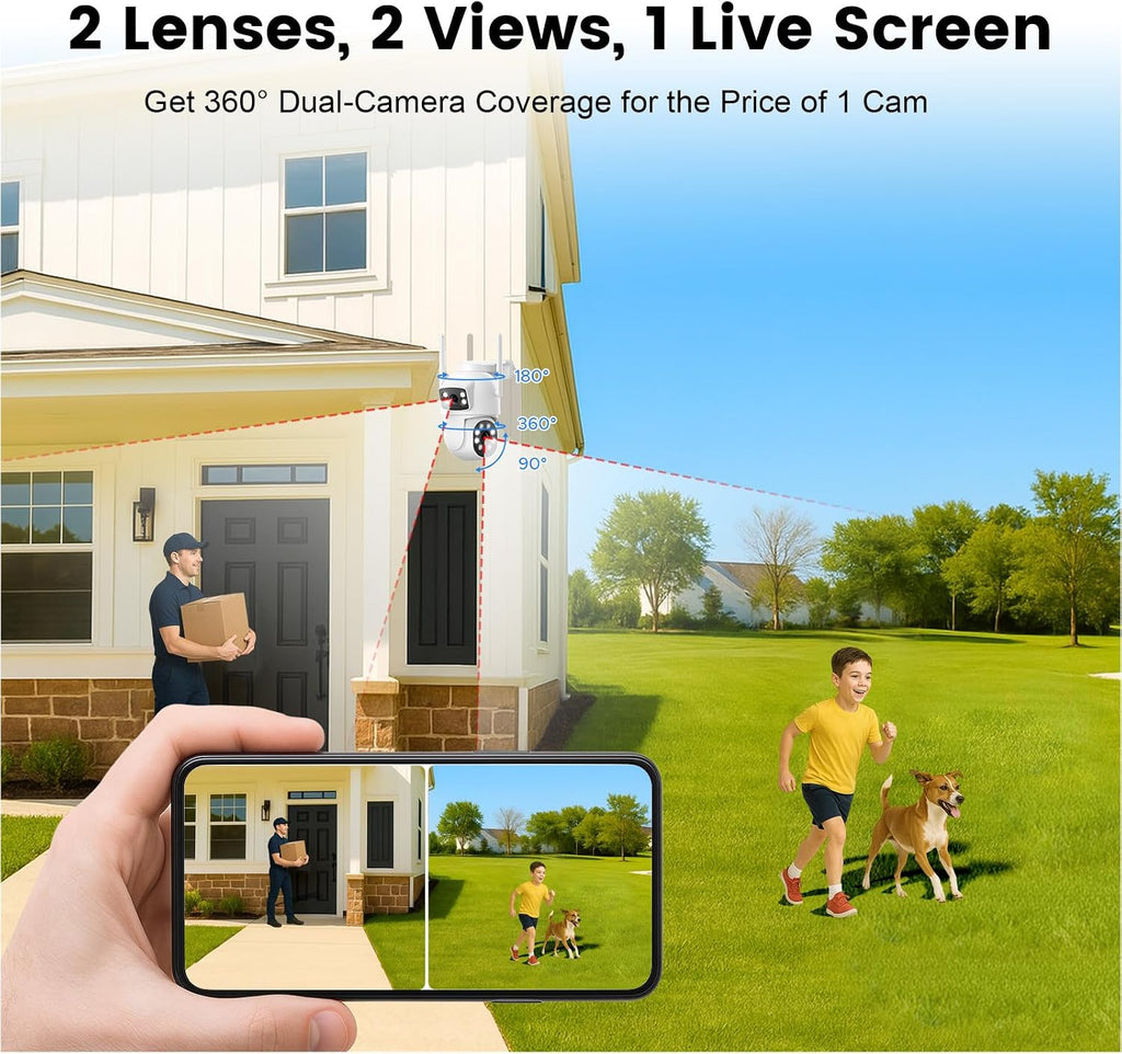 4MP Dual Lens Home Security Camera System Wireless, Security Cameras Wireless Outdoor 24/7 Record, Auto Tracking, 5G & 2.4G WiFi, Night Vision, 2-Way Audio, 360° PTZ, 10CH 4K NVR 500GB No Subscription