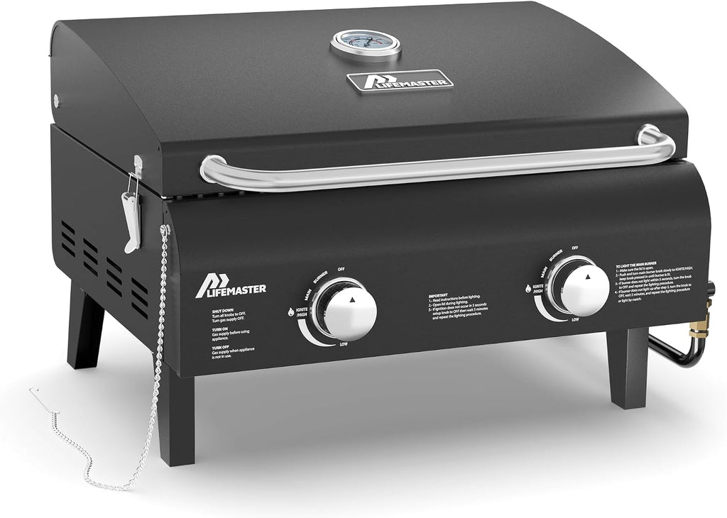 Black Portable Gas Grill, Dual 10,000 BTU Burners, 275 Sq.In Cooking Space, Push-to-Start Ignition, Wind-Proof Lid with Built-in Thermometer, Perfect for Camping Tailgates & Backyard BBQ Cookouts