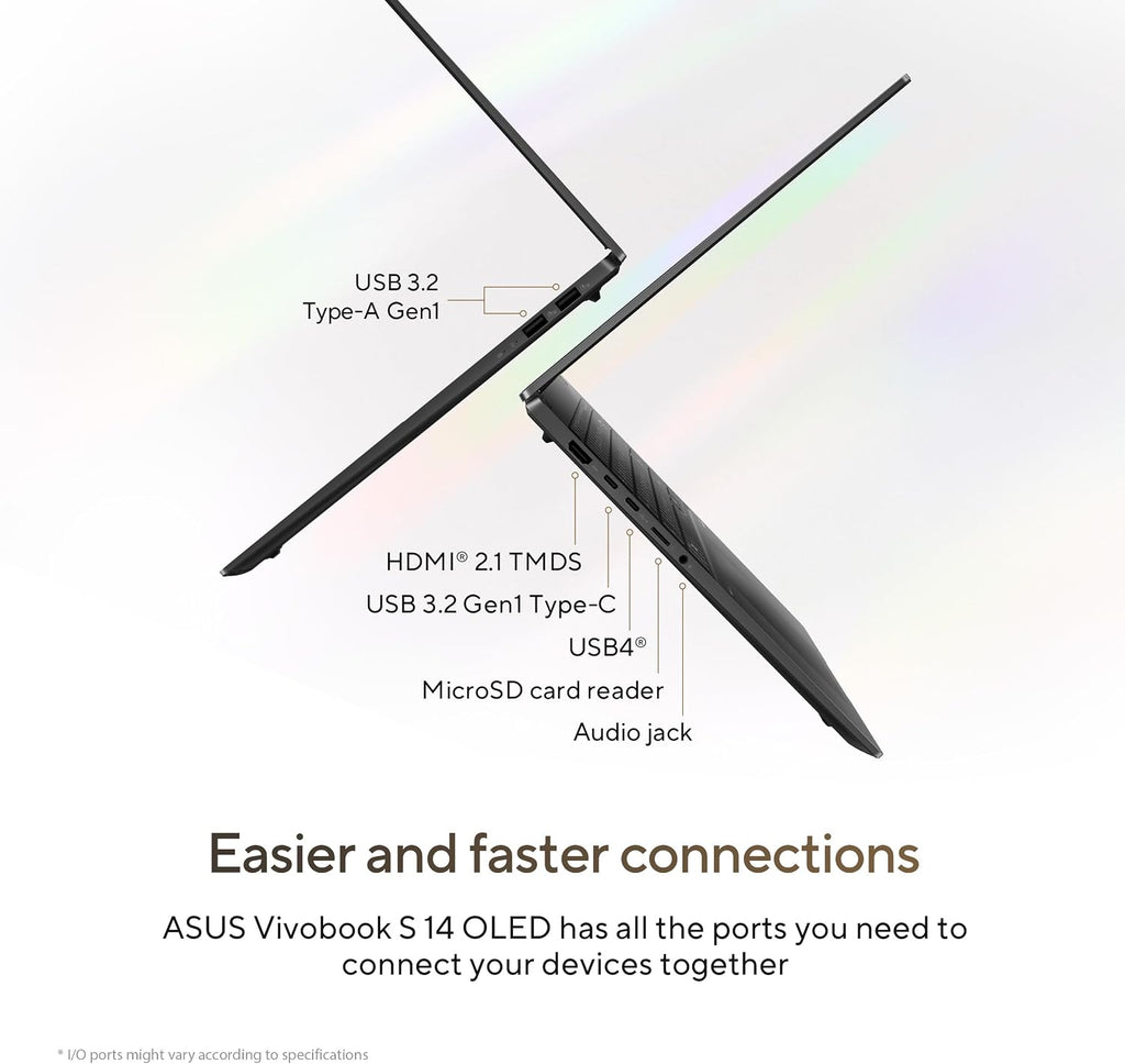 ASUS Vivobook S 14 OLED Slim Laptop, AMD Ryzen AI 9 365(10 Cores), 24GB, 512GB SSD, Customizable RGB Keyboard, Neutral Black, M5406WA-DS76