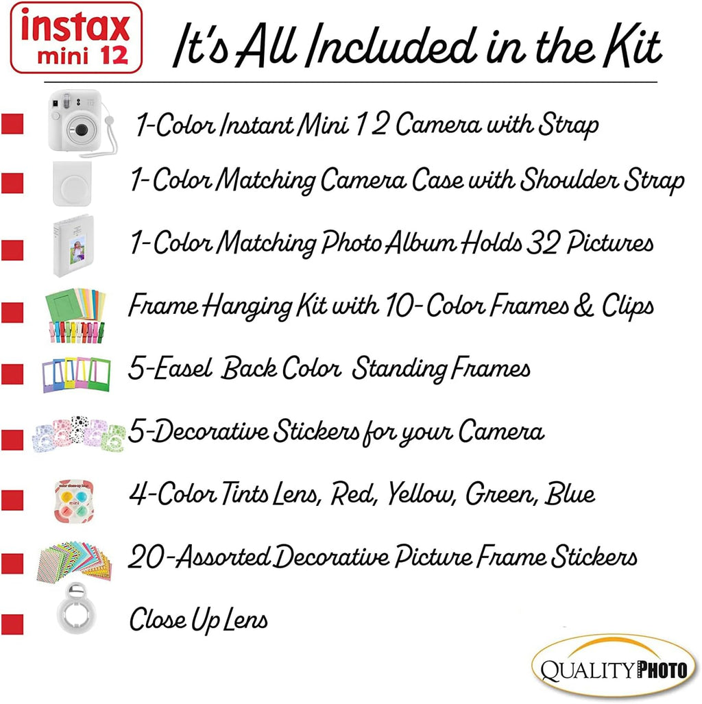 Fujifilm Instax Mini 12 Instant Camera with Case, Decoration Stickers, Frames, Photo Album and More Accessory kit (Clay White)