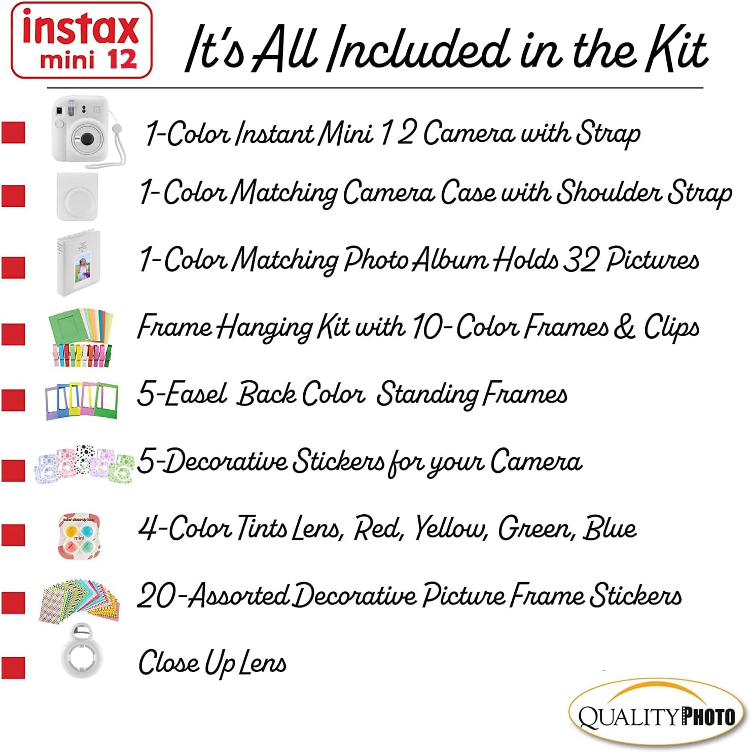 Fujifilm Instax Mini 12 Instant Camera with Case, Decoration Stickers, Frames, Photo Album and More Accessory kit (Clay White)