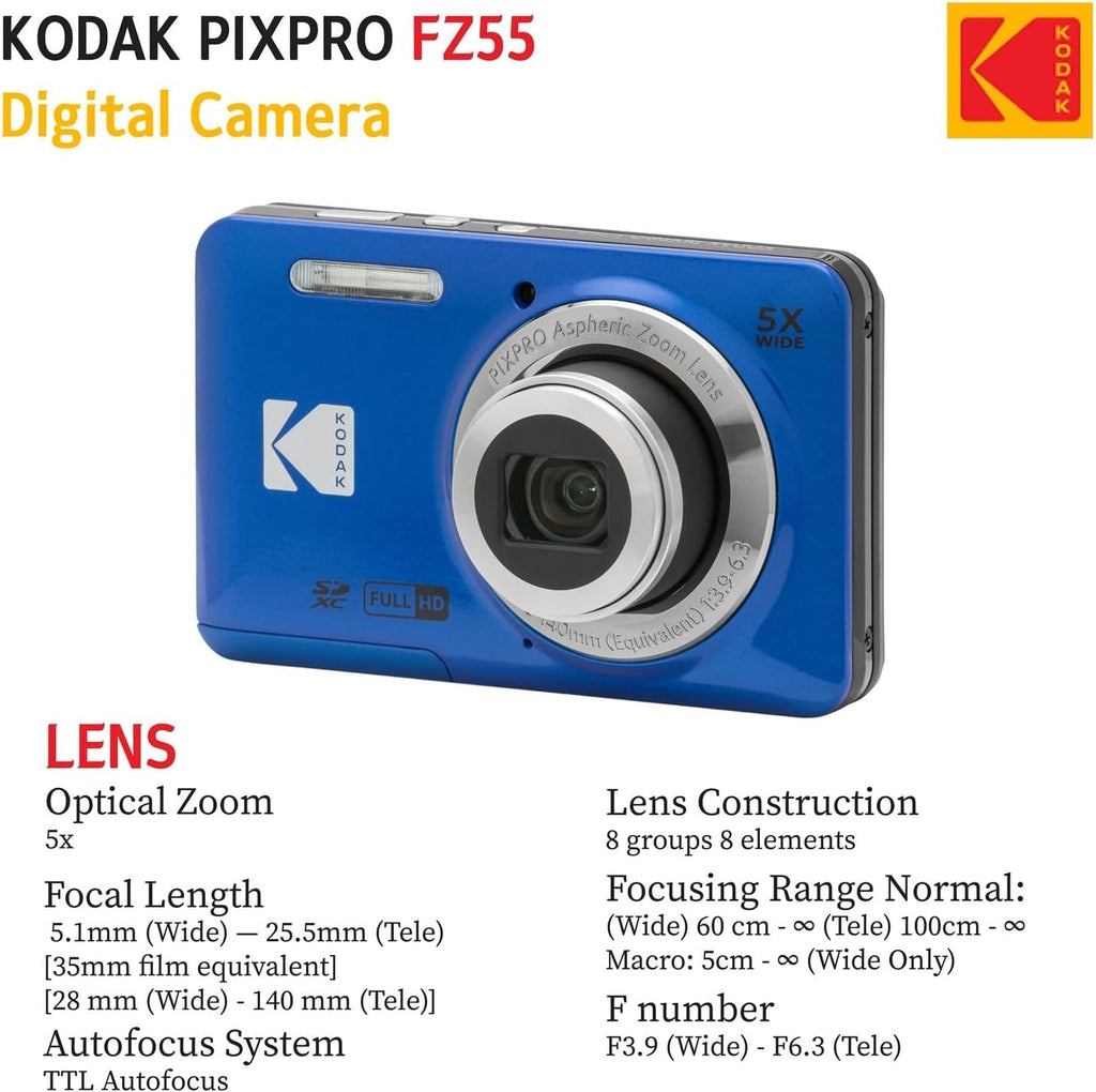 KODAK PIXPRO FZ55 16MP Digital Point & Shoot Camera, 5X Optical Zoom, 28mm Wide Angle, 1080P Full HD Video, Bundle with 32GB SD Card, Protective Case, and Hi-Speed Card Reader (Blue)