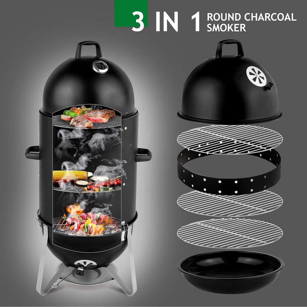 Outvita Vertical 18.8 Inch Steel Charcoal Smoker, Heavy Duty 3-in-1 Portable Outdoor Grill Cooker with Built-in Thermometer for Outdoor Backyard Cooking Grilling Camping