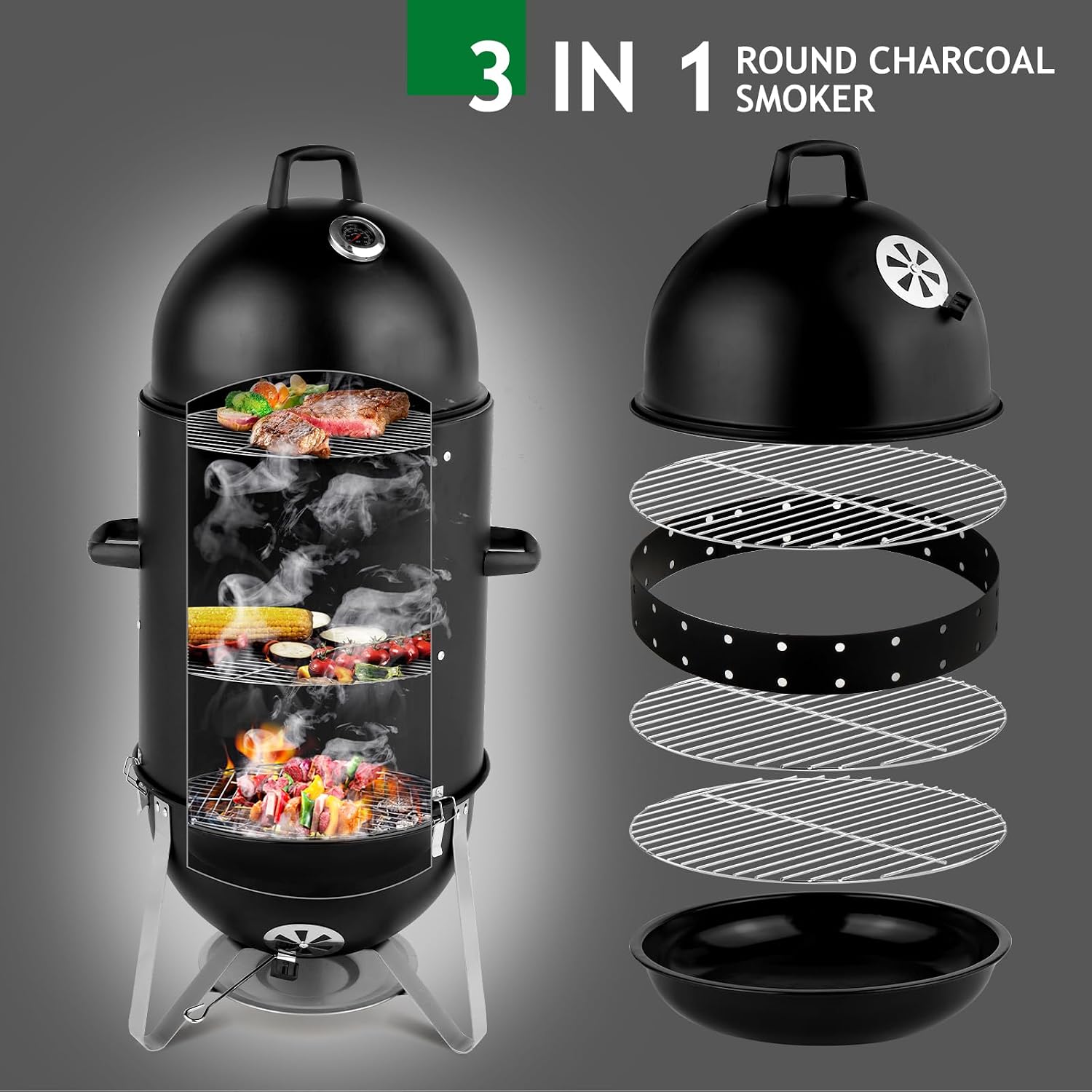 Vertical Steel Charcoal Smoker, Round BBQ Grill Vertical Charcoal BBQ Smoker, 3-in-1 Portable Outdoor Grill Cooker with Built-in Thermometer for Outdoor Cooking Backyard Grilling Camping Picnic
