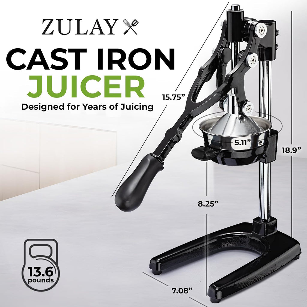 Zulay Kitchen Extra Tall Cast Iron Juicer - Fits Any Glass, Heavy Duty Manual Citrus Juicer with Detachable Strainers for Easy Cleaning, Perfect for Bartenders, Juice Lovers & Health Enthusiasts