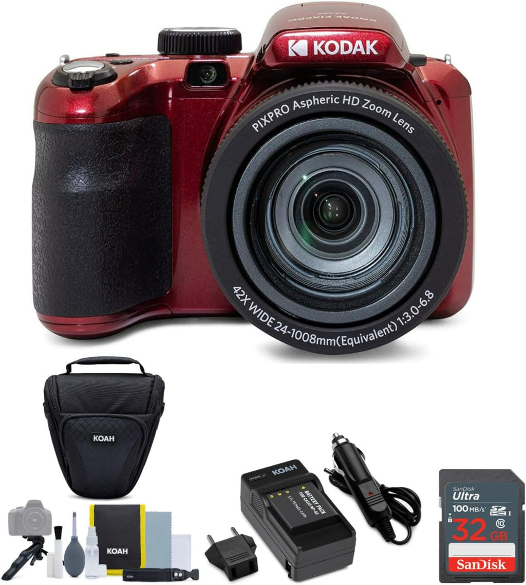 Kodak AZ425 PIXPRO Astro 20MP Digital Camera (Red) Bundle with 32GB Memory Card, Rechargeable Battery and Charger Kit Compatible with Casio NP-40 and Kodak LB-060, and Holster Camera Case (4 Items)