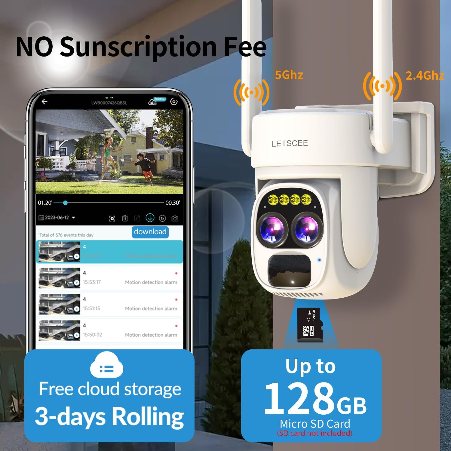 LETSCEE Security Cameras Wirelss Outdoor Solar Powered for Home Security, 360 View Outside Camera,Motion Detection,10x Hybrid Zoom PAN Tile,IP-65 Weather Proof (4 Pack)