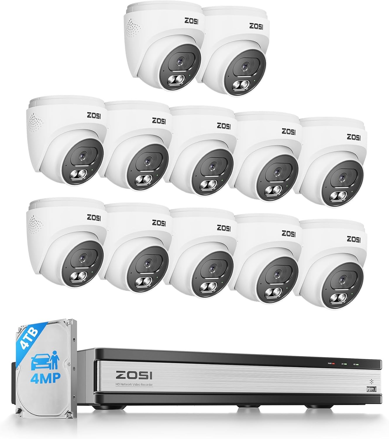 ZOSI C220 16CH 4K PoE Home Security Camera System, 16CH 8MP 4K NVR with 4TB HDD for 24/7 Record, 12 x 4MP(1440p) QHD 2.5K Dome IP Cameras Outdoor Indoor, Smart AI Human Detection, Two-Way Audio