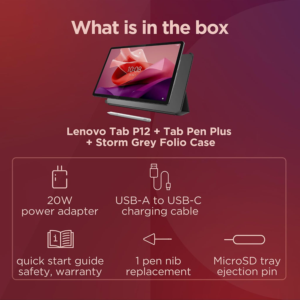 Lenovo Tab P12-2024 - Expansive Touchscreen Tablet - 12.7' 3K Display - 13MP Camera - 8GB Memory - 128GB UFS Storage - Android 13 - Dolby Atmos - Quad JBL Speakers - Pen and Folio Case Included