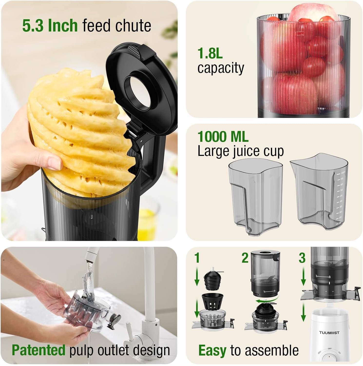 TUUMIIST Cold Press Juicer Machine, 5.3 Inch Extra Large Feed Chute for Whole Fruits, Easy to Clean Slow Juicer, High Yield, BPA Free - Classic White