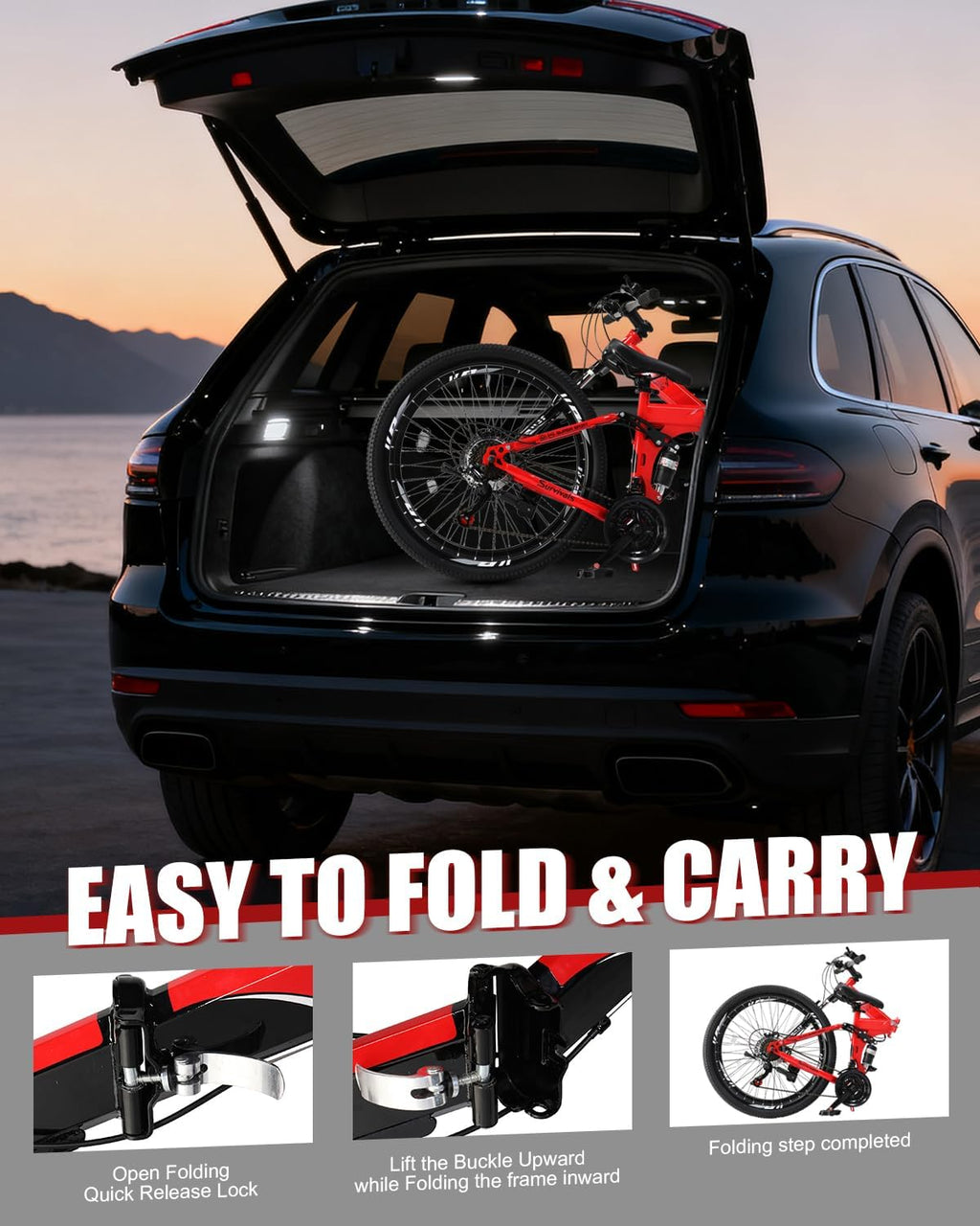 CamPingSurvivals Folding Mountain Bike, 26/27.5' Women's & Men's Bicycle, 21 Speed Foldable Bike for Adults with Dual Suspension, Dual Disc Brake, Adjustable Saddle & Precision Twist Shifting