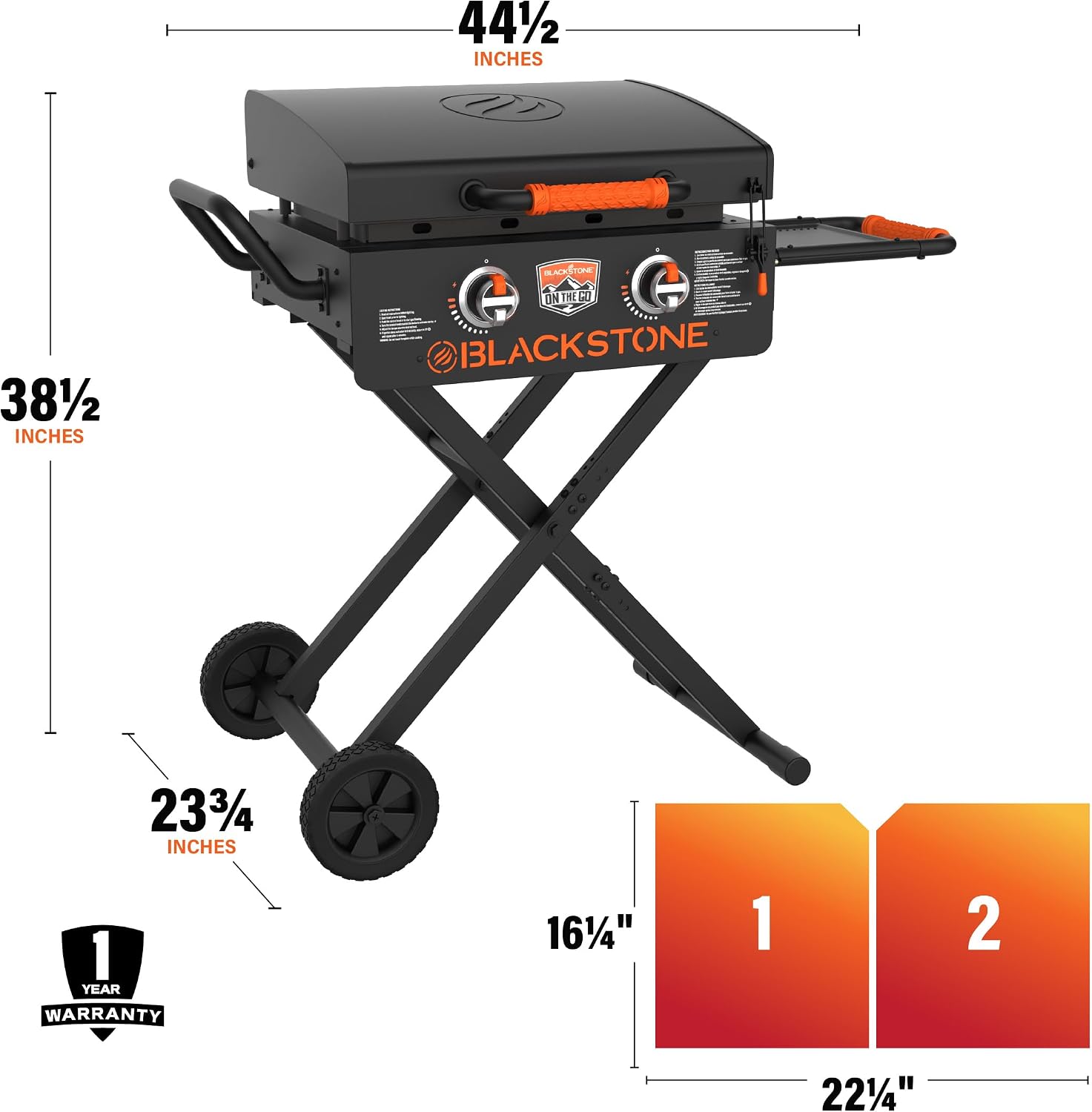 Blackstone 2350 On-the-Go 22' Omnivore Flex-Fold Griddle with Locking Hood, Powder Coated Steel, Black
