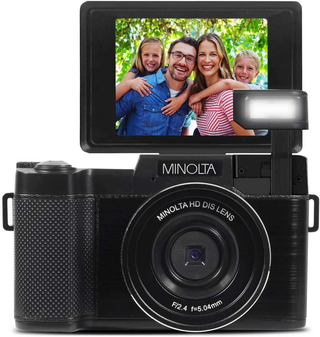 Minolta 30MP Digital Camera – 2.7K Ultra HD Video, 3-inch 180° LCD Screen, Face Detection, Anti-Shake, 9 Scene Modes, Photo Burst, Panorama, CMOS Sensor, 32GB Card (Black)