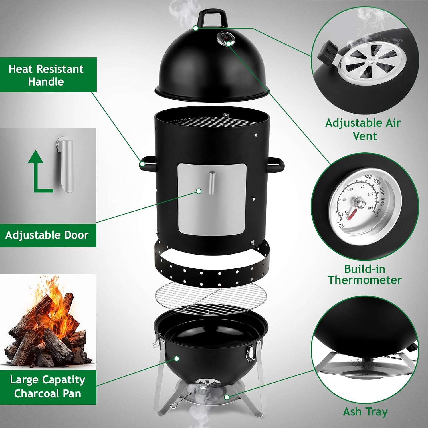 Vertical Steel Charcoal Smoker, Round BBQ Grill Vertical Charcoal BBQ Smoker, 3-in-1 Portable Outdoor Grill Cooker with Built-in Thermometer for Outdoor Cooking Backyard Grilling Camping Picnic