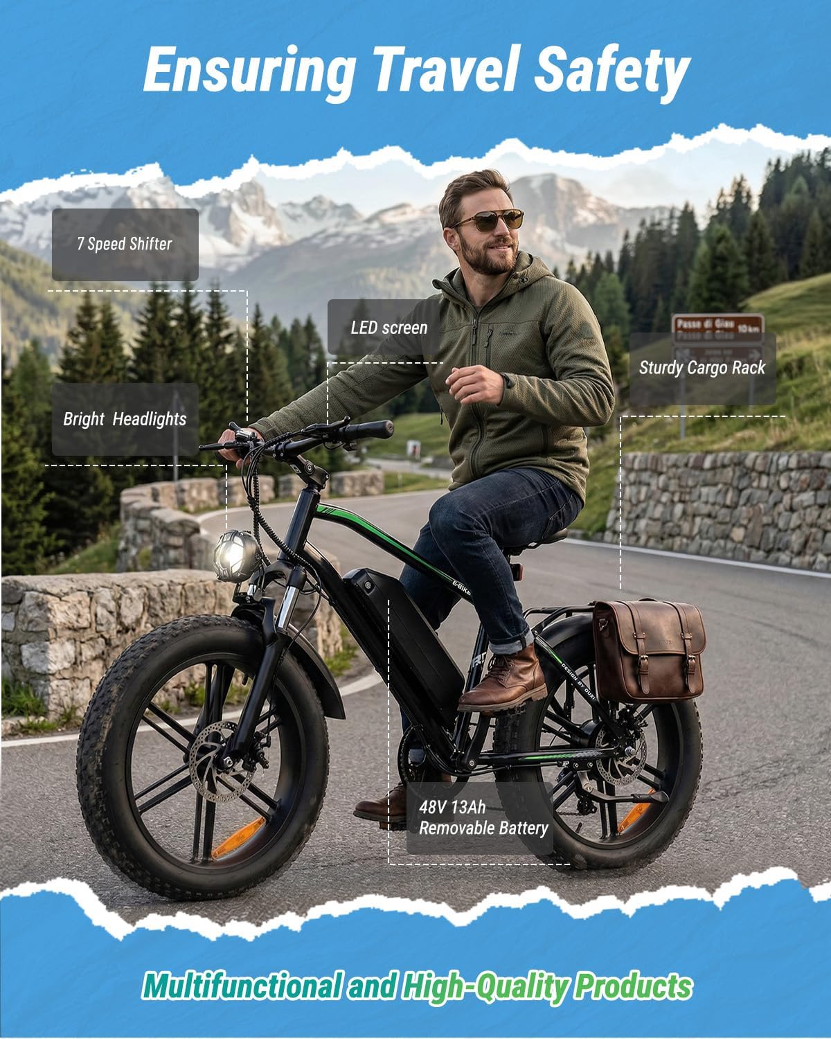 OUXI Electric Bike for Adults, 1000W Peak Electric Mountain Bicycle 48V13Ah Removable Battery, 20″ Fat Tire Ebike with Adjustable Seat, Rear Rack, UL 2849 Certified