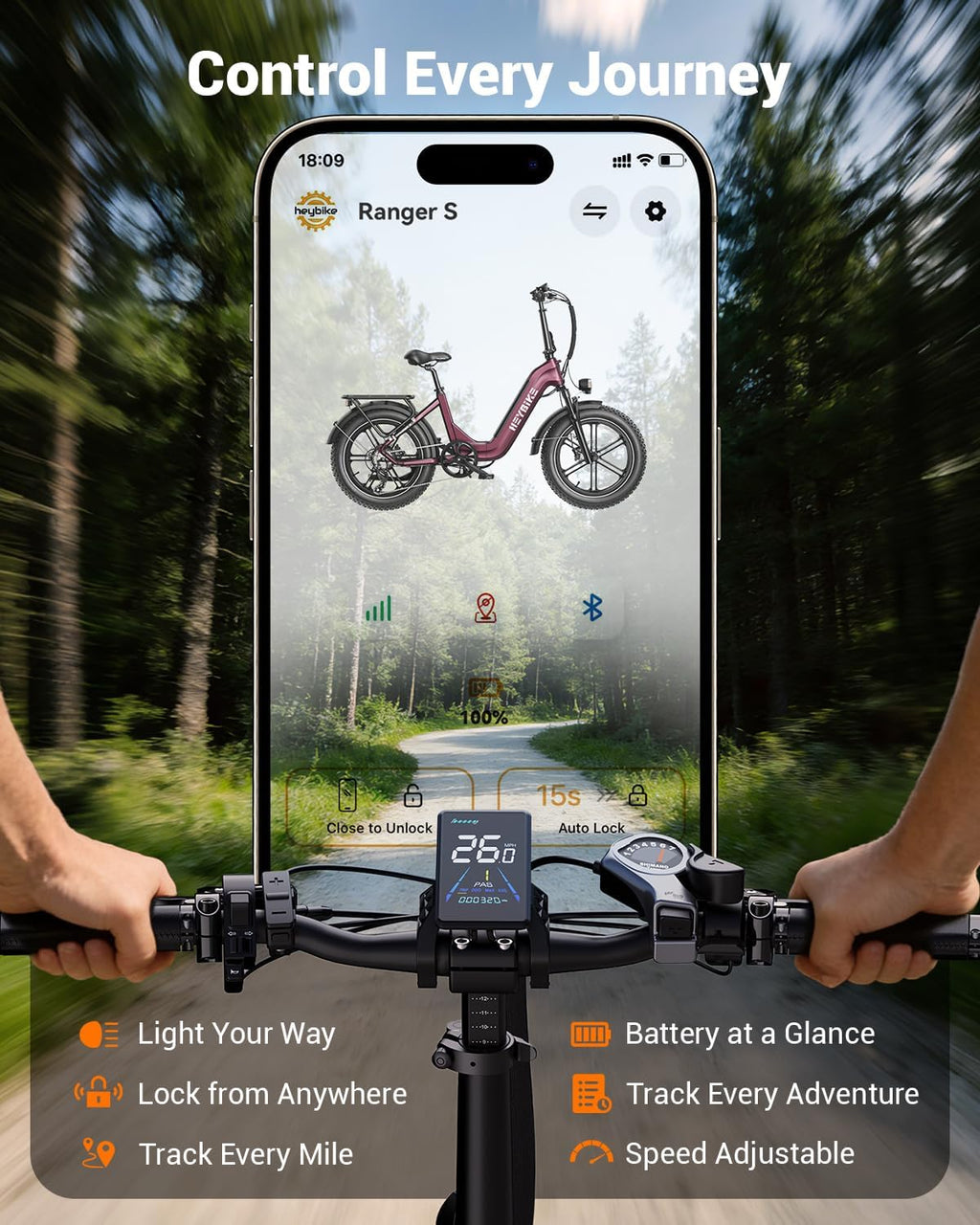 Heybike Ranger 20'x4.0' Fat Tire Folding Electric Bike for Adults, 1200W/1800W Peak Motor, 28/32MPH, up to 55/90 Miles Range, UL2849 Certified Removable Battery for Commute Beach Mountain Snow E Bike
